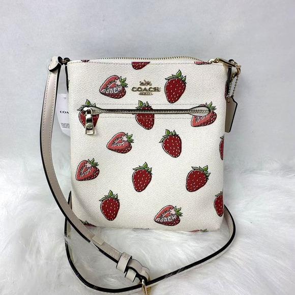 COACH Mini Rowan File Bag Crossbody With Strawberry Print In Canvas/Chalk CAQ09 - Picture 1 of 7